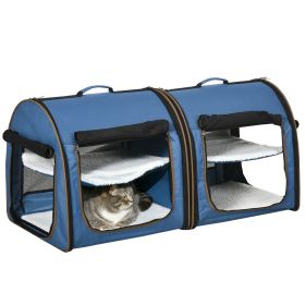 Portable Twin Compartment Show House Cat Cage 39" Soft-Sided Pet Kennel with Soft Cushions & Storage Bag Blue
